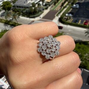 Diamond Cluster Flower Ring - White Gold Finish